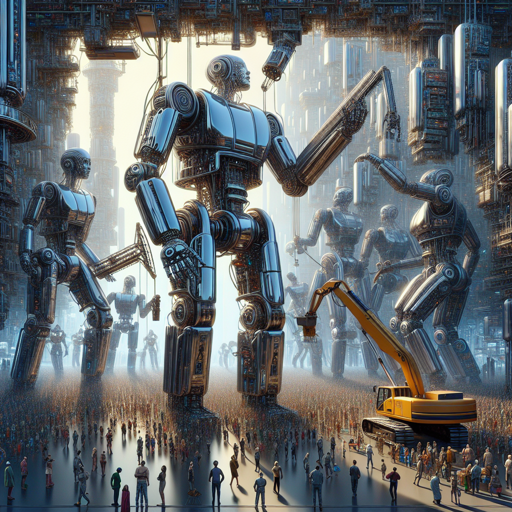 A high-resolution image of a bustling cityscape where towering, sleek robots are performing various tasks while humans watch from the shadows with expressions of concern and despair.