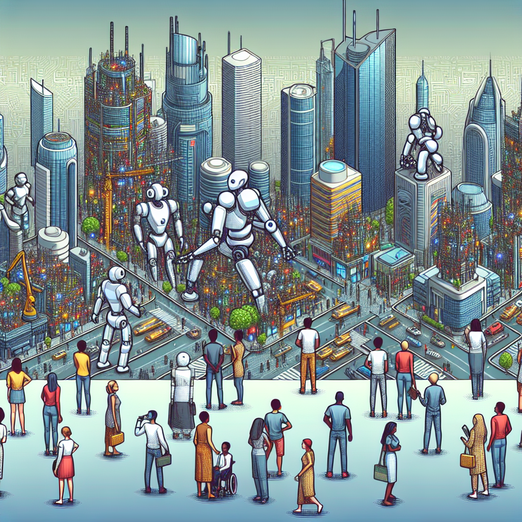 A detailed illustration of a bustling cityscape where robots and AI machines are efficiently performing various tasks such as construction, healthcare, and transportation, with humans observing and interacting in the background.