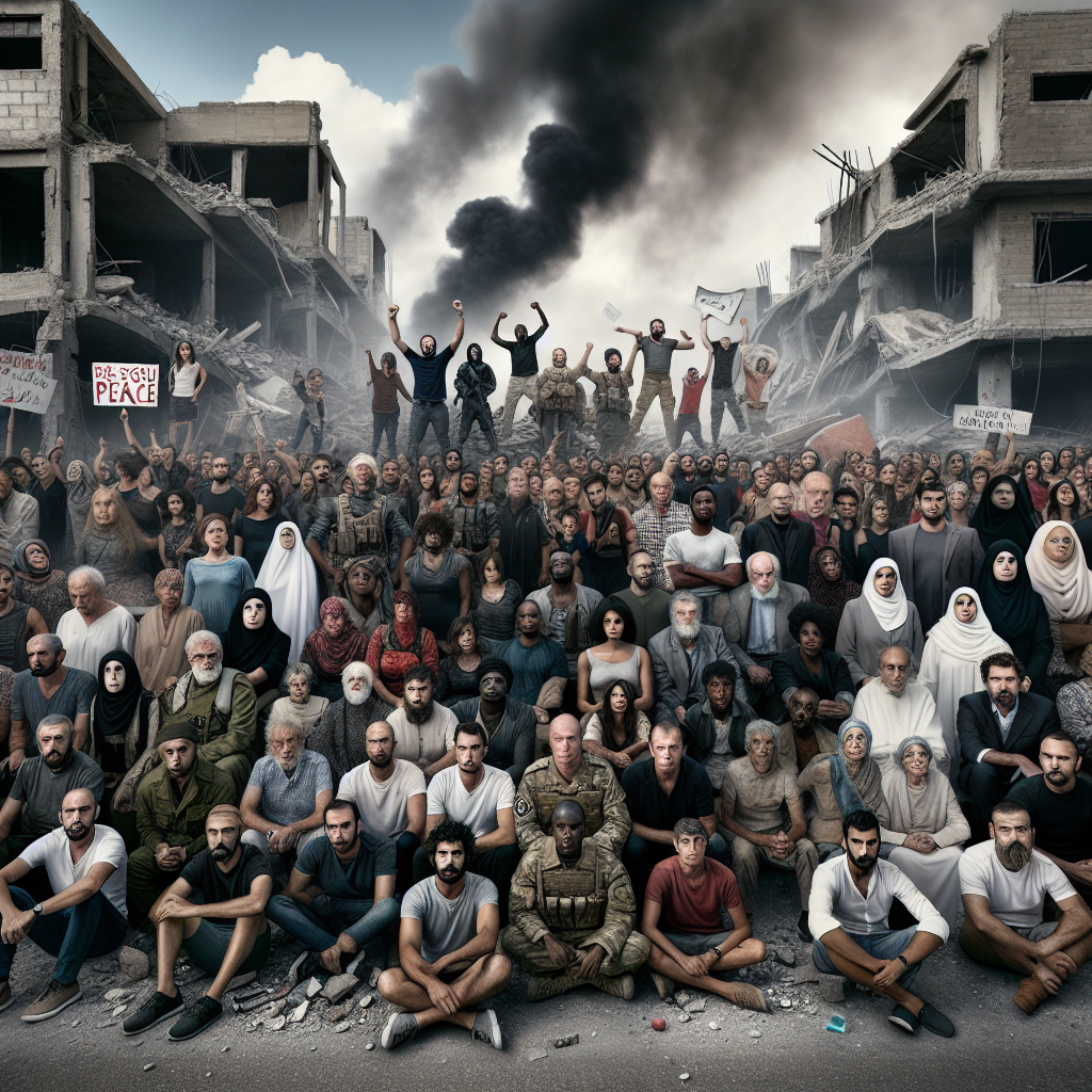 A powerful and emotional photograph depicting a diverse group of people standing together on a war-torn street, some holding peace signs and others with expressions of despair and determination, with smoke and debris in the background.