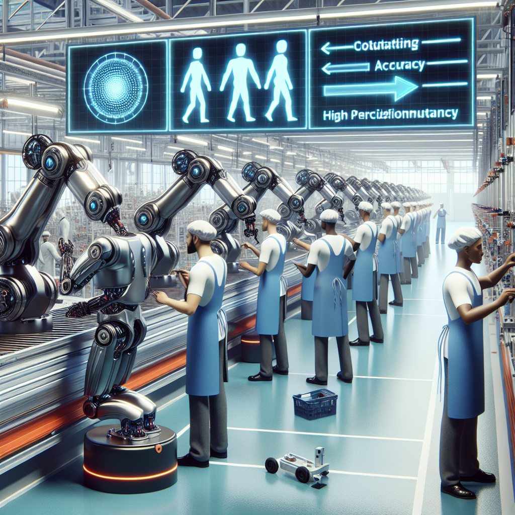 A realistic depiction of advanced robots in a factory setting, efficiently managing production lines and interacting with human workers, showcasing their dominance and precision.