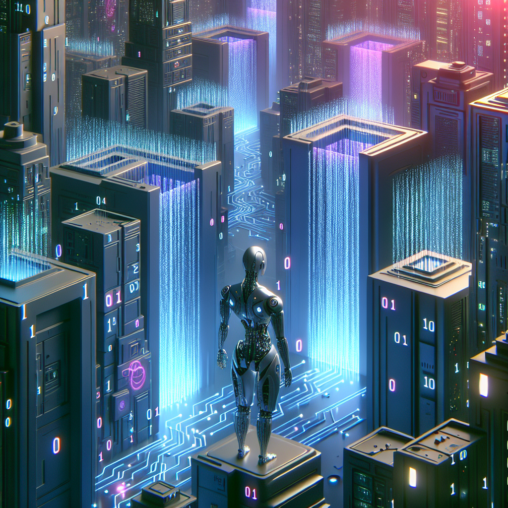 Detailed illustration of a futuristic cityscape with towering data barriers and streams of binary code, symbolizing restricted data flow, while a concerned AI figure watches from a distance.