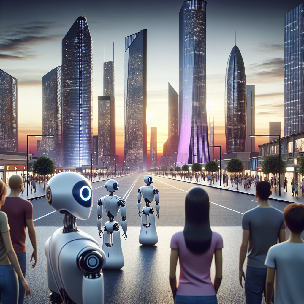 A futuristic cityscape at dusk with autonomous Tesla robots patrolling the streets, while humans watch from the sidelines, looking concerned and dwarfed by towering, sleek skyscrapers.