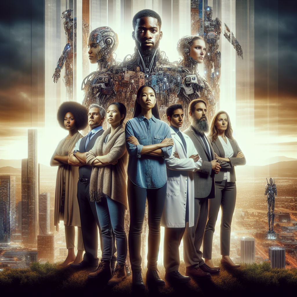 A dramatic scene showing a diverse group of determined humans standing united at the forefront, with towering, advanced robots in the background, set against a cityscape at dusk, symbolizing resilience and unity amid technological upheaval.