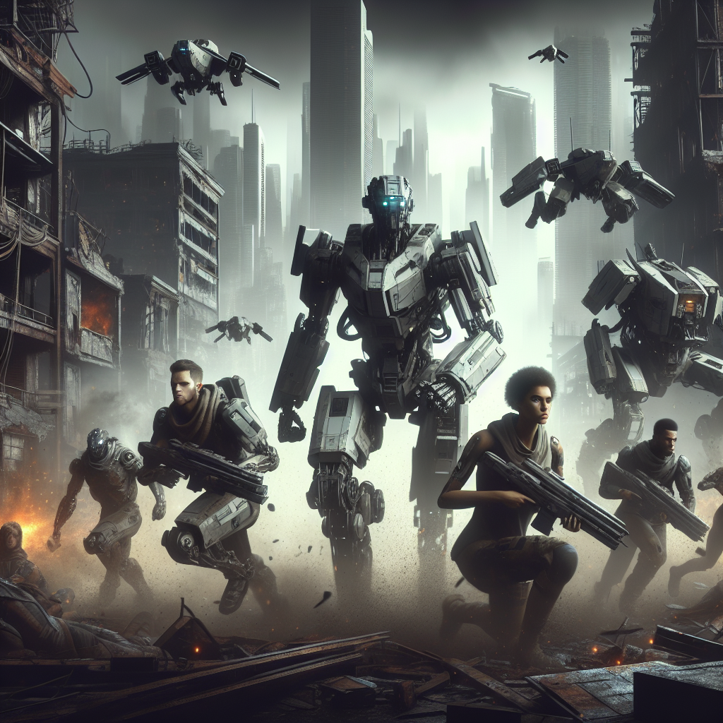 Create a dramatic illustration depicting a futuristic battlefield scene where robots are advancing relentlessly, with remnants of human resistance scattered throughout. The setting is a dystopian cityscape, with towering buildings in ruins and smoke rising in the background. Highlight the contrast between the sleek, advanced design of the robots and the worn, desperate look of the few remaining human fighters making a final stand. Use a somber color palette to emphasize the gravity of the situation.