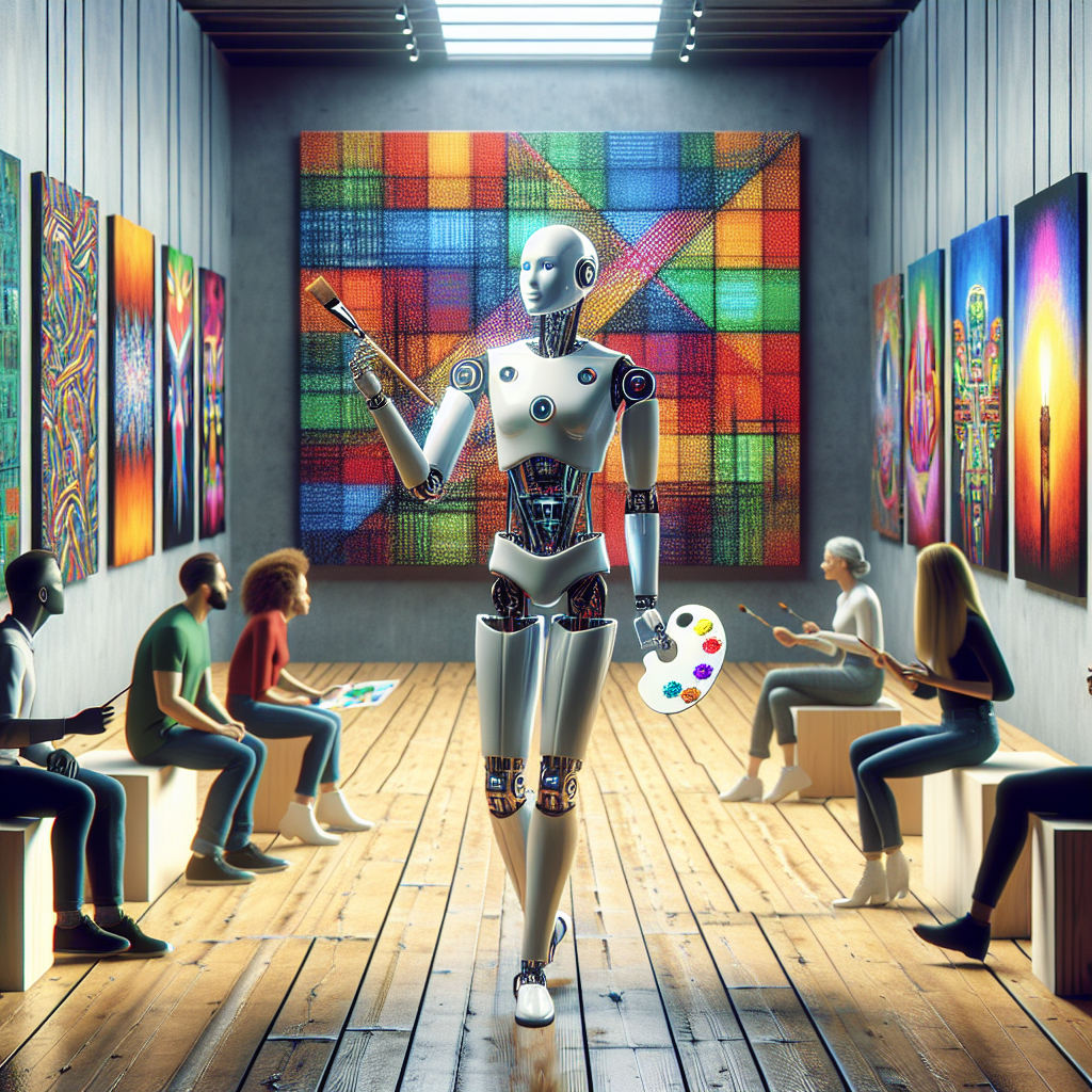 Create a high-resolution image of Ai-Da, a humanoid robot artist, standing confidently in a modern art gallery. The gallery is filled with futuristic artwork, showcasing vibrant colors and abstract designs. Ai-Da is holding a paintbrush in one hand and a palette in the other, surrounded by captivated visitors. The scene conveys innovation and the intersection of technology and art.