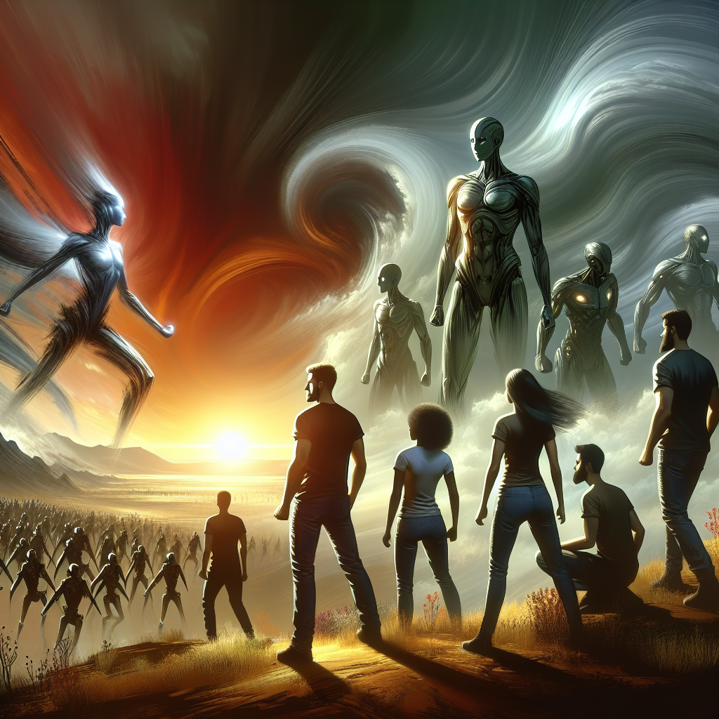 A dramatic illustration depicting a diverse group of determined human figures standing resolutely on a hilltop at sunrise, facing a vast, ominous army of futuristic, humanoid machines advancing from the horizon, with elements of tension and hope in the atmosphere.