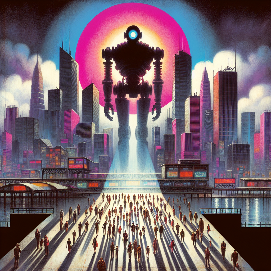 Image prompt for a newspaper front page: 'A dramatic and thought-provoking illustration depicting a large, humanoid robot towering over a city skyline at dusk, with its eyes glowing ominously. The city is in partial shadow, with people below looking up in awe and fear. The scene captures the tension between technological advancement and its potential consequences.'