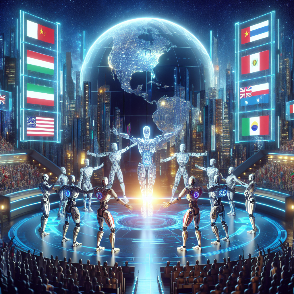 A dramatic illustration of robotic figures from different countries facing off in a global arena, with futuristic cityscapes in the background and digital screens displaying flags from around the world.