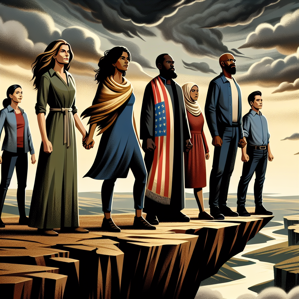 A dramatic and evocative illustration depicting a diverse group of people from different backgrounds standing united on a rugged cliff edge, gazing determinedly at a distant horizon under a turbulent sky, symbolizing resilience and hope amidst adversity.