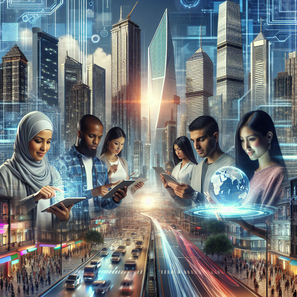 A dynamic and futuristic cityscape with innovative skyscrapers and bustling streets, featuring diverse individuals collaborating on digital tablets and holographic interfaces, symbolizing technological advancement and collaboration.