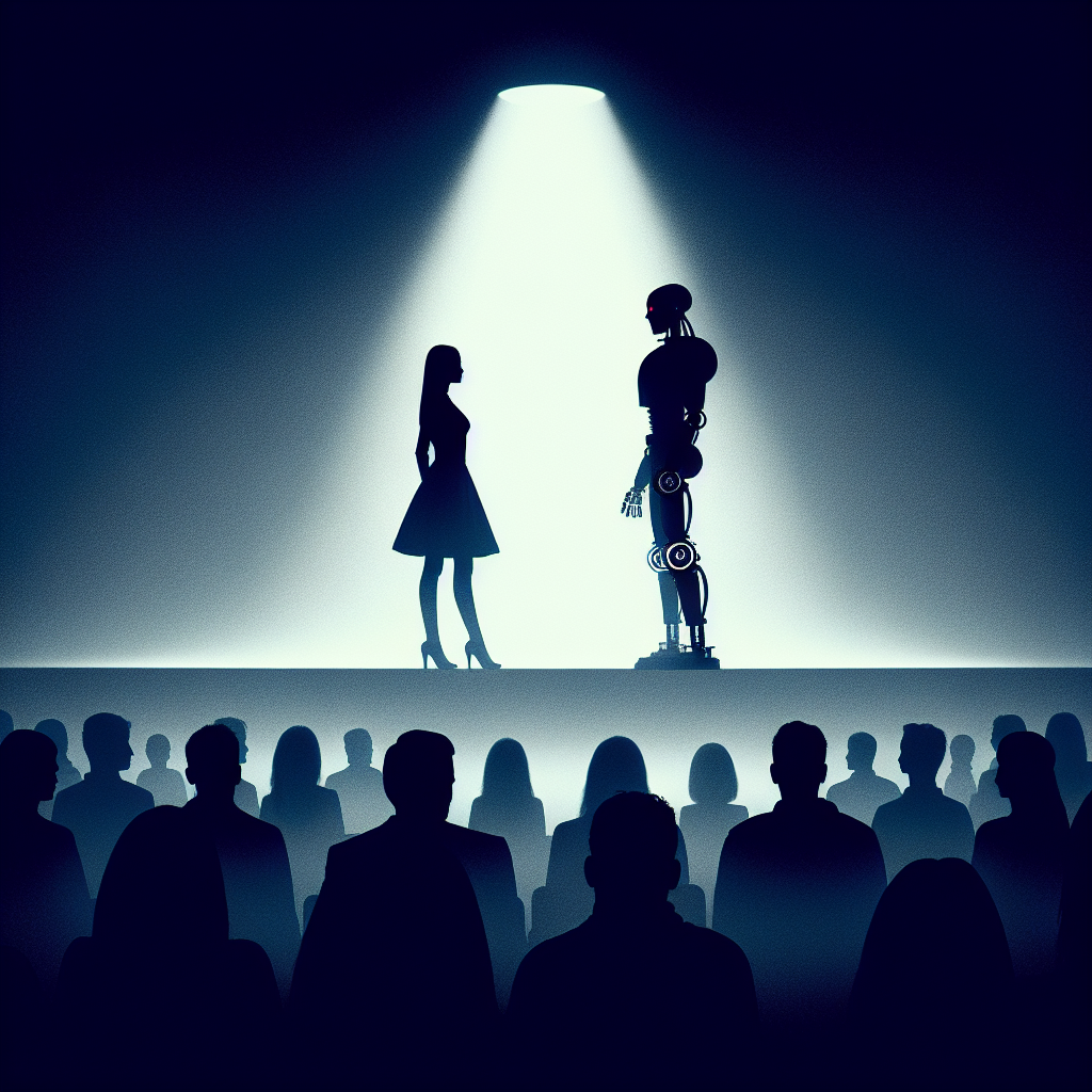 A dramatic illustration of a robot and a human facing each other in a tense standoff on a dimly lit stage, with shadows of an audience watching in the background, capturing a moment of conflict and contemplation.