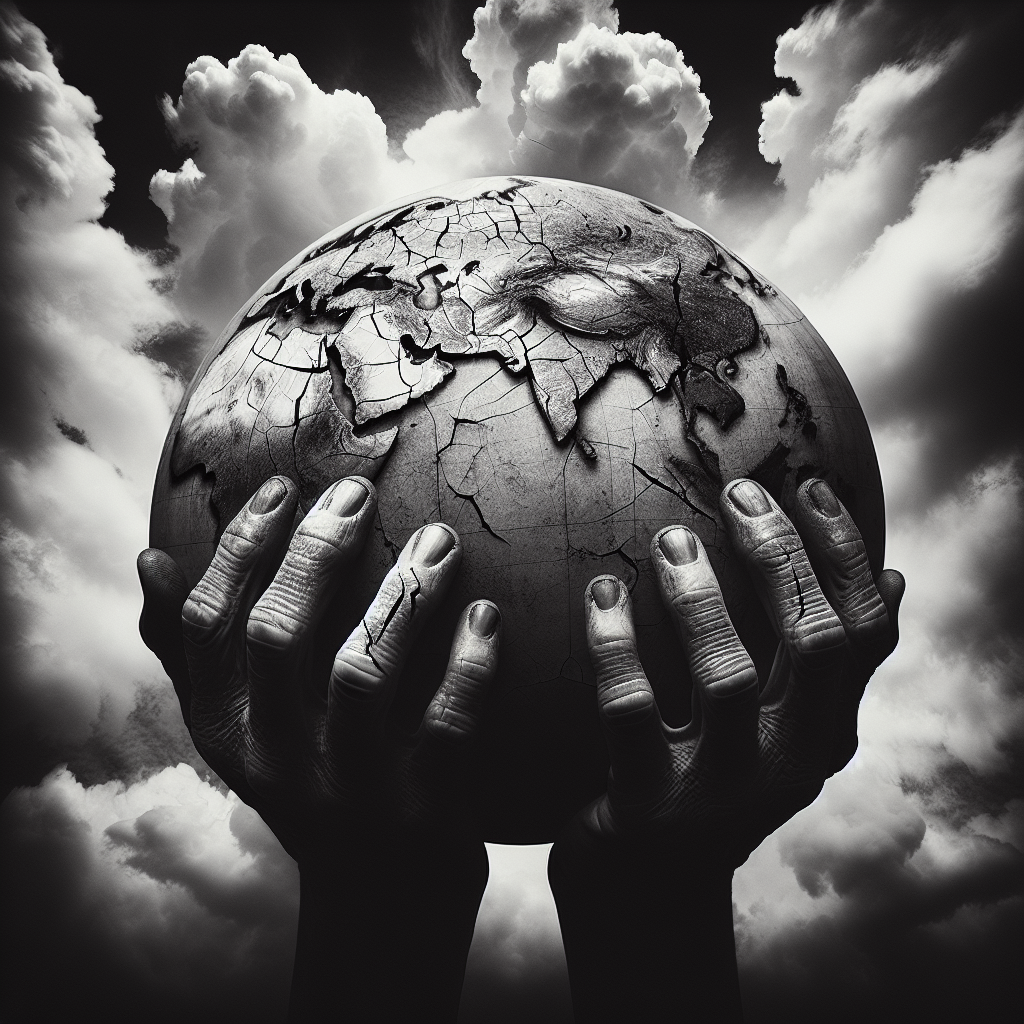 A dramatic black and white photograph of a cracked and aged globe, with shadows of human hands slipping away from its surface, set against a stark, cloudy sky.