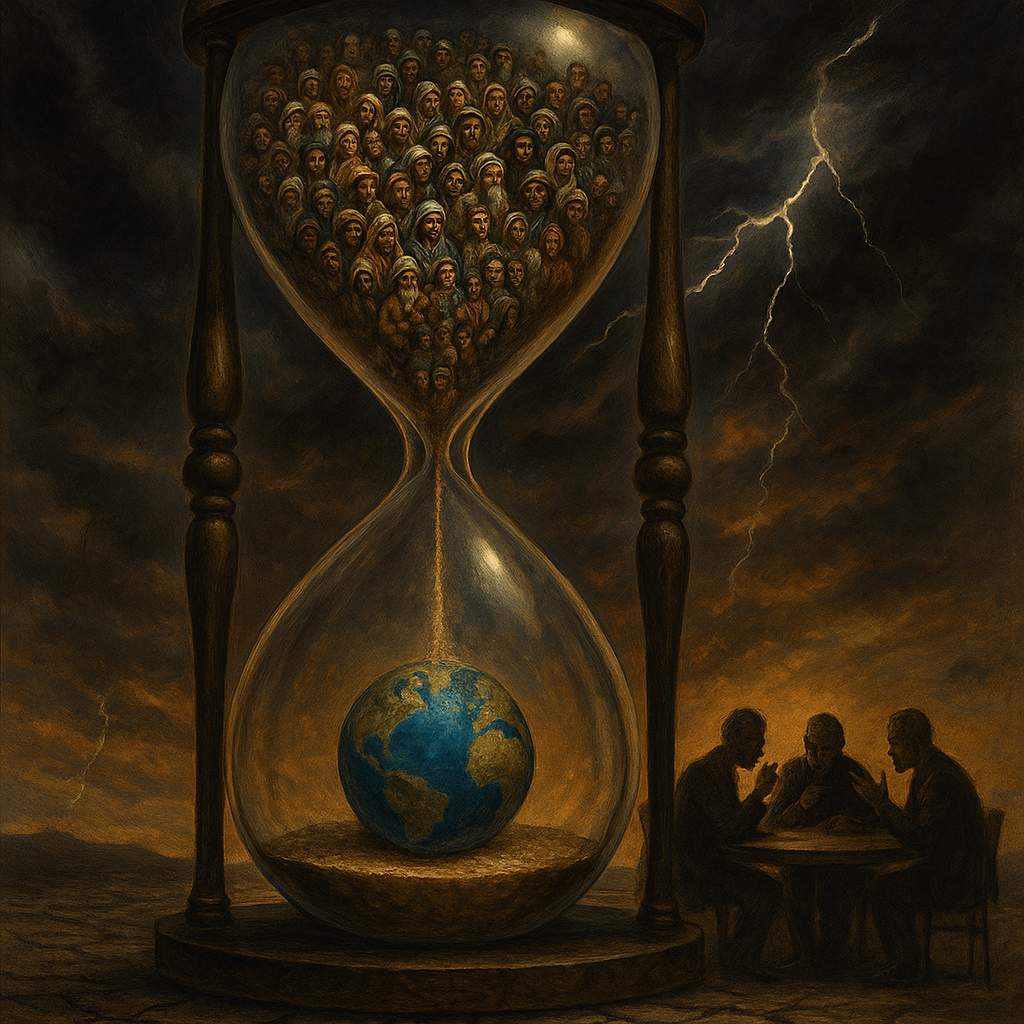 A dramatic illustration capturing the essence of humanity's precarious situation: A towering hourglass set against a stormy, apocalyptic sky, with the top half filled with grains of sand representing people from diverse cultures and eras, slowly trickling down into the bottom half where a small, fragile Earth globe is cradled. The hourglass stands isolated on a cracked, barren landscape, with lightning illuminating the scene, symbolizing urgency and the passage of time. In the background, shadowy figures debate at a round table, their expressions a mix of concern and determination.