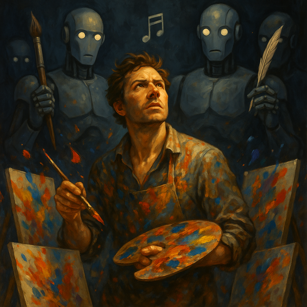 Create a powerful and thought-provoking illustration capturing the essence of the human struggle for creativity in the age of automation. Picture a dynamic scene where a human artist, surrounded by vibrant splashes of paint and unfinished canvases, stands defiantly against a backdrop of sleek, towering robots. The robots, with their metallic, featureless faces and glowing eyes, are holding tools of creativity like paintbrushes, musical notes, and writing quills, as they observe the human's passionate expression. The artist’s face is illuminated by a warm, golden light, symbolizing the enduring spirit of human creativity, while the robots remain in cool, shadowy tones, highlighting the tension between human ingenuity and robotic precision. This image should evoke a sense of urgency and hope, showcasing the resilience and uniqueness of human creativity amidst the rise of artificial intelligence.