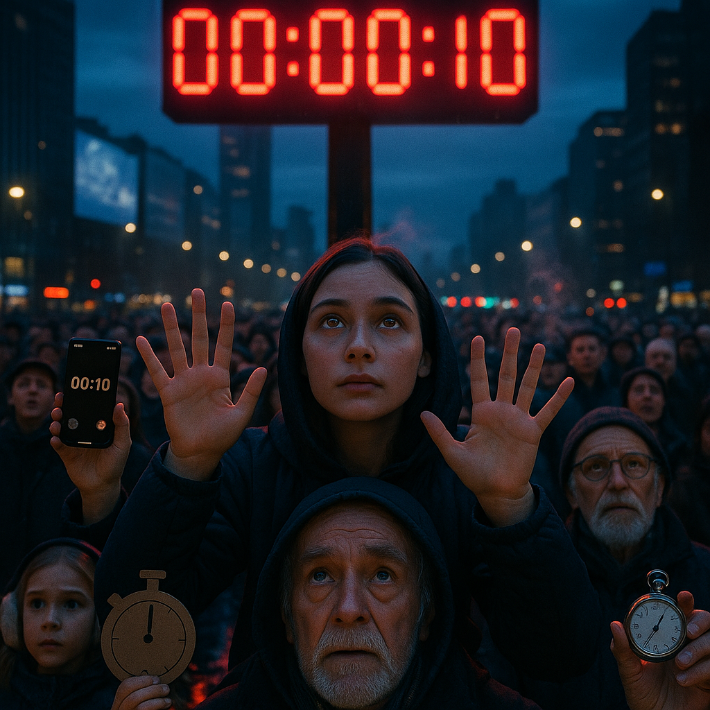 Front-page photojournalism image at blue hour in a bustling city square: a diverse crowd of all ages stares upward in tense anticipation at a towering red LED countdown clock frozen at 00:00:10, the crimson digits casting a glow across expectant faces. Foreground: tight, shallow-depth-of-field portrait of a young woman on someone’s shoulders, eyes reflecting the ticking numbers; her raised hands show ten fingers, beginning to fold down. Midground: arms lifted with synchronized smartphone timers, a child in earmuffs clutching a cardboard stopwatch cutout (no text), an elderly man holding an open pocket watch; steam of breath hangs in the cold air. Background: rain-slick pavement mirroring the numbers, skyline silhouettes, muted billboards with abstract light patterns only (no readable text). Documentary, candid, high-contrast editorial style with natural skin tones and subtle grain; blue-and-neon-red palette. Shot on a 35mm lens, f/2.8, ISO 800, 1/250s. Vertical 4:5 composition with ample clean space at the top for a newspaper masthead; no logos or text.