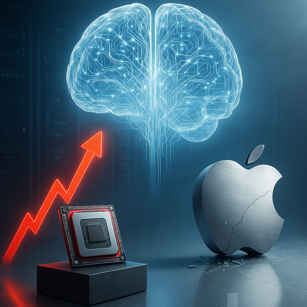 Front-page editorial photo-illustration, portrait 3:4, leave clean negative space at the top for the masthead: Center a luminous, translucent neural network “brain” woven from fiber‑optic strands and circuit traces stepping out of dim server racks into cool blue-white light, symbolizing a leap in general AI. Left midground, a red-accented, next‑gen CPU on a graphite pedestal rises along a glowing crimson stock‑chart arrow made of LEDs, casting warm reflections on brushed metal (no text or logos). Right midground, a sleek brushed‑aluminum apple‑shaped device with a subtle bite silhouette teeters off-balance, a fine hairline crack spreading as tiny glass-like fragments slide toward a polished floor where a faint downward arrow is reflected. Clean, high-contrast lighting with soft rim light, realistic materials, minimal color palette of tech blues and graphite with bold red accents, gentle haze for depth, 50mm look, f/8 clarity, newsroom-modern backdrop, crisp and print-friendly, no words, no watermarks.