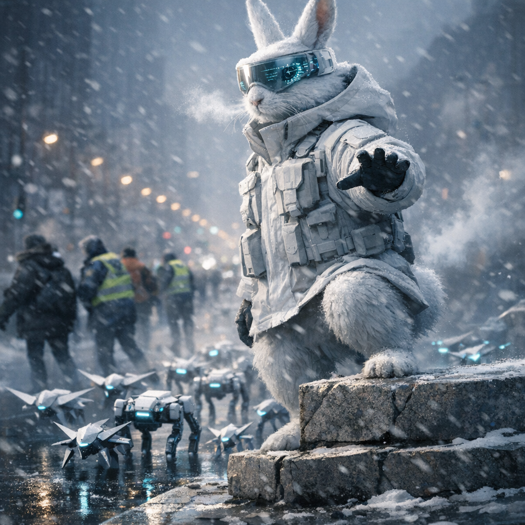 Front-page, photojournalistic portrait (4:5): dawn snowfall on a capital city boulevard; an imposing white arctic hare in a matte-white tactical parka and translucent HUD visor stands atop a cracked granite step, paw outstretched to command a surge of sleek origami-like AI microdrones and quadruped robots sweeping down the avenue in a tight lattice; midground civilians in winter coats and reflective vests retreat through drifting snow and thin smoke, slight motion blur, faces averted; cold blue and steel-gray palette with urgent cyan LED accents; dramatic rim lighting through flurries, visible breath, ice reflections on asphalt; low-angle perspective, 50mm full-frame, f/2.8, 1/500s, ISO 800; gritty editorial realism, sharp fur detail and visor UI, shallow depth of field; strong diagonals to a hazy vanishing point; ample negative space in the upper third for masthead and along the bottom for captions; no text, no logos, no watermark.