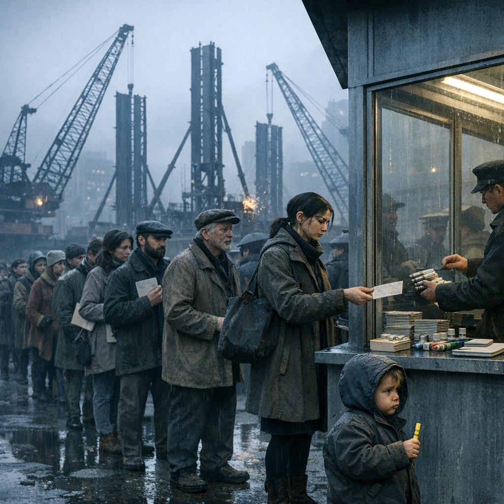 Front-page photojournalism image: dawn drizzle in a central city square where towering steel banners are being hoisted by cranes and welded into place, cool blue-gray palette. In the foreground, a long, diverse queue of painters, designers, and students in worn coats waits at a stark government kiosk distributing creativity ration cards; officials exchange stamped vouchers for sealed paint tubes and blank notebooks behind glass. Faces are resolute and tired; a small child clutches a single bright yellow crayon—the only vivid color amid muted tones—while puddles mirror the rising steel. Leading lines from the banners guide the eye to the crowd; rule-of-thirds framing with clean copy space at the top for the masthead. Natural overcast light, high detail, the first third of the line and midground construction in sharp focus with a gentle falloff in the background. 35mm lens look, f/5.6, 1/250s, ISO 200. No brands or readable logos, ethical documentary style, newswire aesthetic, high-resolution suitable for a broadsheet front page.