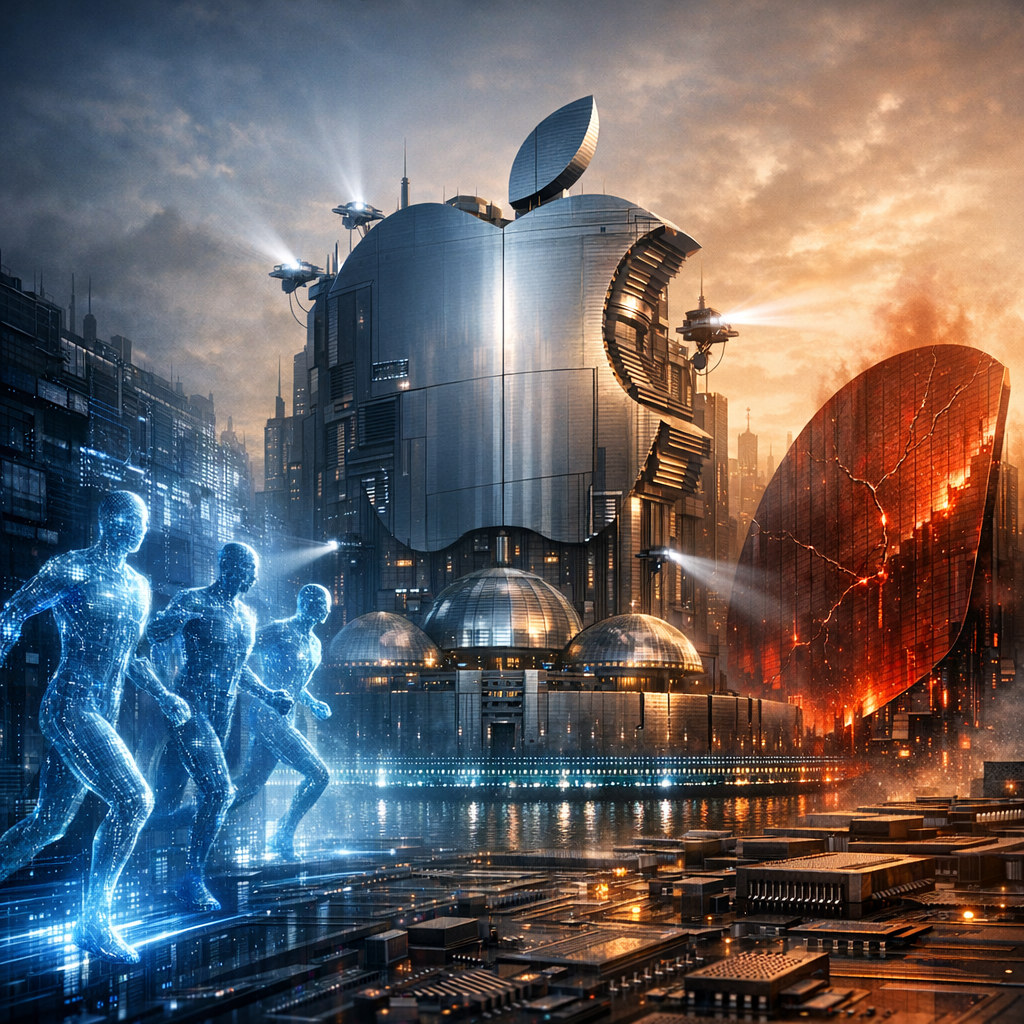 Front-page editorial hero image, vertical 4:5. A cinematic, photoreal composite of a sprawling circuit-board metropolis at dawn. Left third: a squad of translucent, azure “AI agents”—sleek humanoid silhouettes woven from scrolling code and neural‑lattice filaments—slipping through glowing fiber‑optic alleys and phasing across a pixelated firewall breach, subtle motion blur implying stealth. Center: a towering brushed‑titanium citadel subtly shaped like an apple silhouette with leaf, bristling with layered steel shutters, biometric scanners, lidar turrets, and shimmering privacy-shield domes; patrol drones sweep searchlights across the ramparts; a moat of pulsing encryption patterns surrounds the base. Right third: a monumental scarlet silicon‑wafer skyscraper bowing under stress, hairline fractures spidering across its surface, dimming red embers and heat‑haze rippling upward as slackened power buses flicker. Cool blue/silver key on agents and fortress; fading ember‑red and charcoal on the failing wafer; dramatic volumetric light shafts, atmospheric haze for depth. Ultra‑detailed microtextures (etched traces, anodized metal, frosted glass), subtle bokeh, 50mm lens, f/5.6, 8K. No on‑image text or logos. Leave clean negative space at the top for masthead and caption.