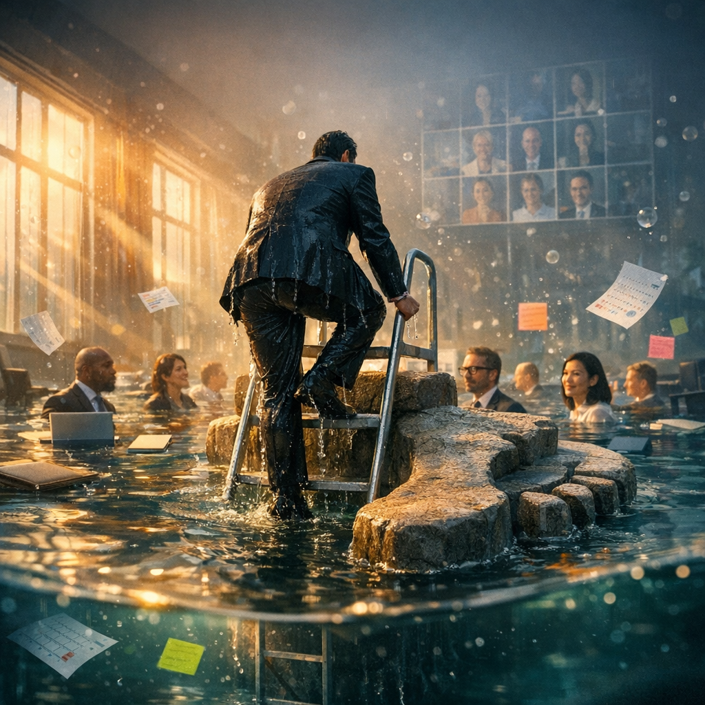 Front-page conceptual editorial photo-illustration, photorealistic: a flooded corporate boardroom at dawn, crystal-clear water filling the room up to chest height; diverse businesspeople in suits and smart-casual attire tread water between floating swivel chairs, notebooks, and laptops, while translucent calendar pages and neon sticky notes drift like jellyfish; in the center foreground, a soaked professional climbs a metal ladder onto a large stone platform shaped like a human footprint emerging from the water, captured mid-step with water streaming from cuffs and hem; above, ghostly, translucent video-call grids shimmer as air bubbles rising toward the ceiling; low angle placing the viewer at the waterline, 35mm lens, sharp focus on the climber with a gently blurred background; shafts of warm morning light slash in from tall windows on the left, cutting through mist and casting reflections and caustics across the table submerged beneath the surface, whose leading lines guide the eye to the subject; moody teal-and-amber palette, high contrast, crisp droplets on the lens, realistic reflections; leave clean negative space across the top 20% for masthead and headline, with a subtle dark vignette in the bottom-right for a caption box; no logos or text, print-ready, editorial style, 8k, vertical 4:5.
