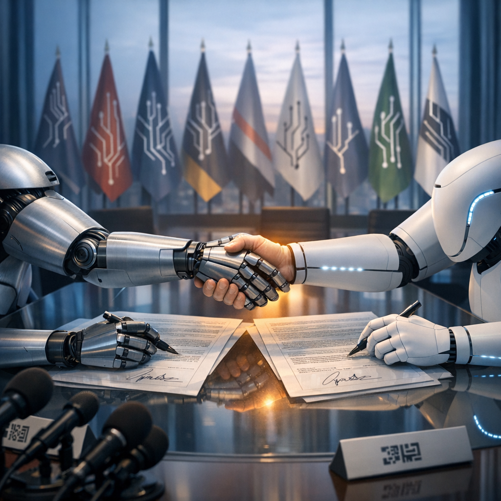Photojournalistic, wire-service editorial image for a newspaper front page, portrait 3:2: In a modern UN-style chamber at dawn, two distinct autonomous robots—one brushed-aluminum with articulated fingers, the other matte-ceramic with soft, pulsing seam lights—sit across a glossy glass negotiating table and simultaneously sign a multi-page accord on semi-transparent e-paper; their hands meet in a formal handshake over the signature line. Background: a ring of minimalist flags with abstract circuit motifs and soft backlighting through floor-to-ceiling windows revealing a hazy skyline. Foreground: clustered broadcast microphones and neutral nameplates with QR-like glyphs; no human figures. Lighting: cool steel-blue ambient with a warm amber key on the handshake; crisp, printable contrast; no motion blur. Camera: 50mm, f/8, ISO 200, tripod-stable, natural-light look. Composition: strong central focus on joined hands and documents, leading lines from table edges, generous negative space in the top third for headlines. Photorealistic textures, high resolution, no brand logos or text overlays.