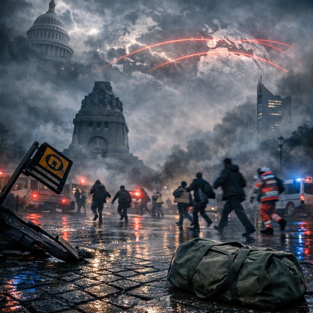 Front-page wire-service photo-illustration, vertical 3:4: predawn Leipzig city center after a sudden collapse of order; wet cobblestones reflecting blue-red emergency lights, a toppled tram sign and a dropped canvas duffel in the foreground; midground shows the Völkerschlachtdenkmal and the City-Hochhaus skyline half-obscured by drifting smoke and ash; small groups of civilians and paramedics moving to safety, captured in slight motion blur, no gore; above the rooftops, a double-exposure overlay of an Atlantic map arcs from a storm-lit silhouette of the U.S. Capitol dome toward central Germany, thin crimson signal lines slicing through low clouds; cinematic, gritty photojournalism look with natural haze, cool desaturated palette and high contrast, subtle film grain; shot from knee level with a 24mm wide-angle, f/4, 1/125s; rule-of-thirds composition with negative space at the top for masthead and along the lower third for captions; hyper-detailed, realistic, no text, no logos, no watermarks.