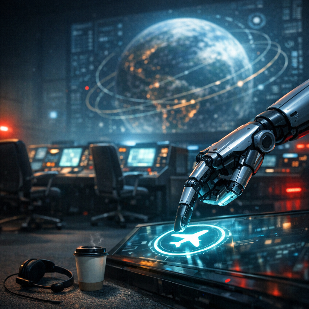 Front-page newspaper image, vertical portrait orientation: a deserted, futuristic mission control room at night, rows of empty swivel chairs pushed back from glowing consoles, a dropped headset and a still-warm coffee cup on the floor, a sleek robotic manipulator arm extending over a glass touchscreen with a luminous autopilot icon (no words), a towering wall of displays behind showing a slowly rotating Earth with abstract trajectory lines and system icons (no legible text or numerals), cold cyan and amber monitor light washing the scene, faint dust motes in projector beams, subtle red emergency strips providing rim light, photojournalistic realism with cinematic contrast, shallow depth of field focused on the robotic fingertip and console (35mm, f/2.8, ISO 800), no people, no brands or logos, no readable text, high-resolution editorial look, leave clean negative space in the top quarter for the masthead/headline and a clear lower third for captions with copy-safe margins.