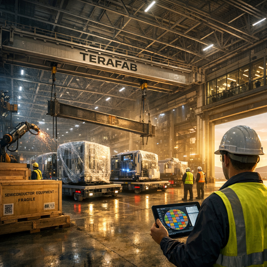 Photojournalistic banner image for a newspaper front page: low-angle, wide 24mm shot inside a colossal steel-clad mega‑factory as towering I‑beams are hoisted into place around a line of gleaming chip‑fabrication tools arriving on autonomous flatbeds; sparks arc from robotic welders; shrink‑wrapped vacuum chambers and crates labeled “Semiconductor Equipment — Fragile” with barcodes/QRs; foreground: a hard‑hat engineer holding a tablet with wafer layout schematics, back to camera; midground: overhead gantry with minimalist “TERAFAB” signage (generic, no other logos); background: glass-walled control room and a sunlit desert with solar arrays visible through an open bay door; early‑morning golden rays cutting through fine dust, mixed with cool LED work lights reflecting off brushed steel; diverse crew in hi‑vis PPE, no identifiable public figures, faces turned away or obscured; high‑contrast, clean, natural color, CMYK‑friendly; deep depth of field with slight motion blur on moving robots; clear negative space in the upper‑left for the headline and at the bottom for a caption; ultra‑high resolution.