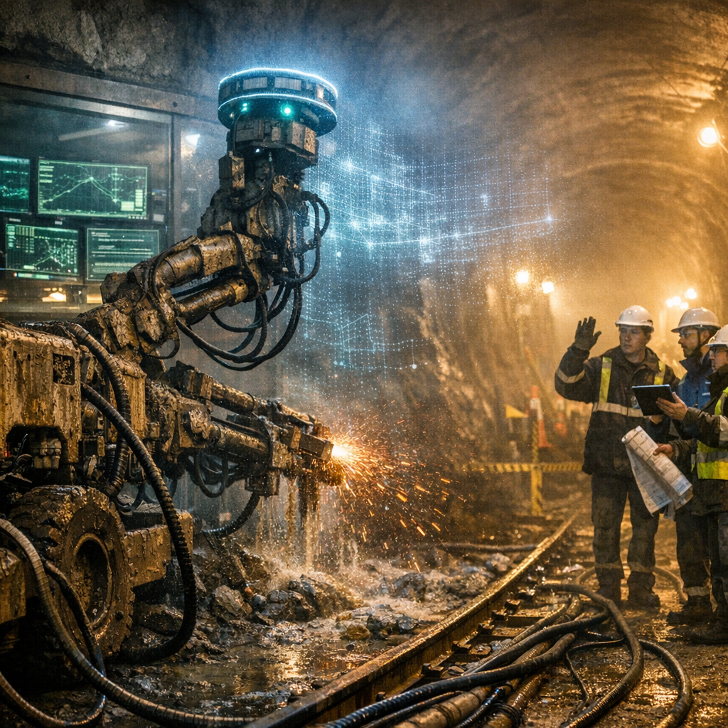 Front-page, photojournalistic image inside a newly cut subway tunnel at dawn: in the foreground a mud-slick autonomous drilling rig with three articulated arms bores into bedrock, flinging amber sparks and wet slurry; ringed LIDAR and thermal cameras pulse, projecting a ghostly point-cloud and wireframe map into the dusty air; midground behind safety glass, an unbranded command station of stacked monitors streams green route vectors, telemetry charts, and command logs; background right, a small knot of helmeted human engineers in reflective jackets hover at a caution line, faces lit cool blue by tablets, trading uncertain looks—one half-raising a gloved hand as if to halt, another gripping a rolled blueprint mid-unfurl; leading lines of rails, hoses, and fiber trunks pull the eye from machine to people; dramatic mixed lighting: cold cyan sensor glow versus warm sodium work lamps, volumetric beams slicing through suspended dust; high-realism, candid editorial tone with slight high-ISO grain; full-frame 24mm lens at f/2.8, 1/125s; natural color grade, crisp details, no logos or text, suitable for a newspaper front page.