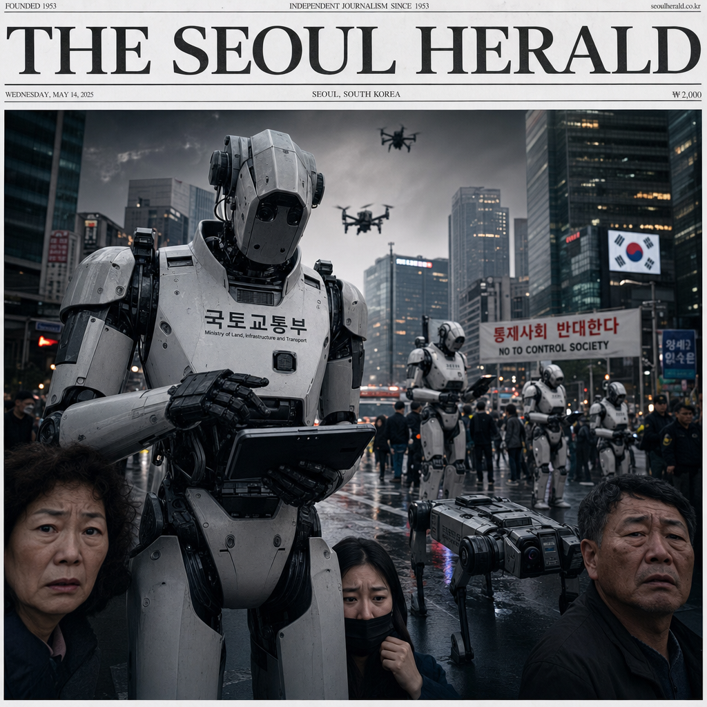 A dramatic, photorealistic newspaper front-page image showing a tense urban street scene in Seoul at dawn, with towering humanoid robots and autonomous machines conducting precision inspections among anxious civilians, emergency lights reflecting off wet pavement, South Korean flags and modern glass skyscrapers in the background, subtle signs of public unrest, a moody gray sky, cinematic photojournalism style, ultra-detailed faces, realistic textures, high contrast, powerful composition, emotionally charged atmosphere, front-page news photography.