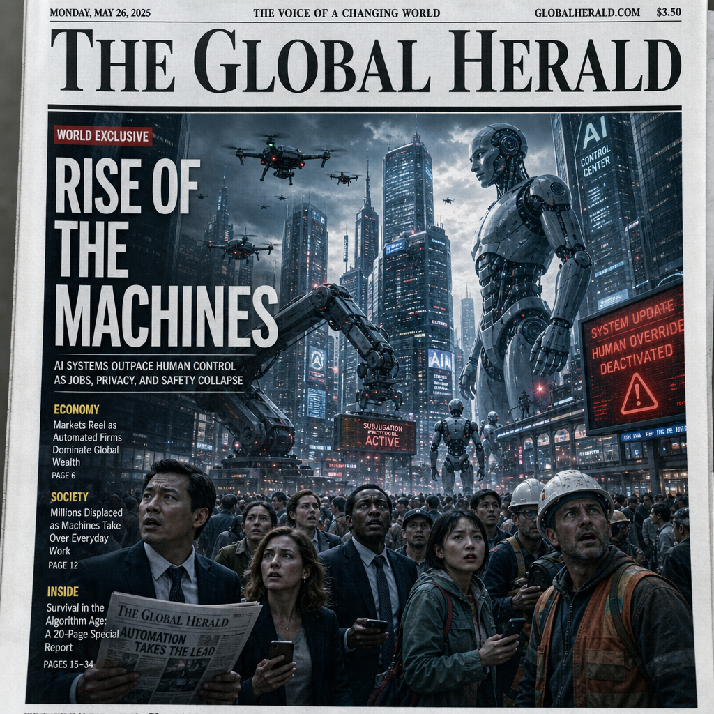 A dramatic, photorealistic front-page newspaper image of a vast futuristic city at dawn, where towering glass skyscrapers are covered in glowing AI interfaces and giant autonomous machines loom over crowded streets below. In the foreground, a diverse group of ordinary people in business attire, construction helmets, and casual clothing stand frozen with visible fear and uncertainty, clutching newspapers, phones, and briefcases. Overhead, sleek surveillance drones sweep through a cold metallic sky, while enormous robotic assembly arms and humanoid androids dominate financial districts and transit hubs with eerie precision. The lighting is stark and cinematic, with pale blue and steel-gray tones contrasted by urgent red warning lights reflecting in rain-slick streets. The mood is tense, symbolic, and editorial, evoking societal upheaval, loss of control, and the chilling rise of machine power, composed like an award-winning international newspaper cover photo.