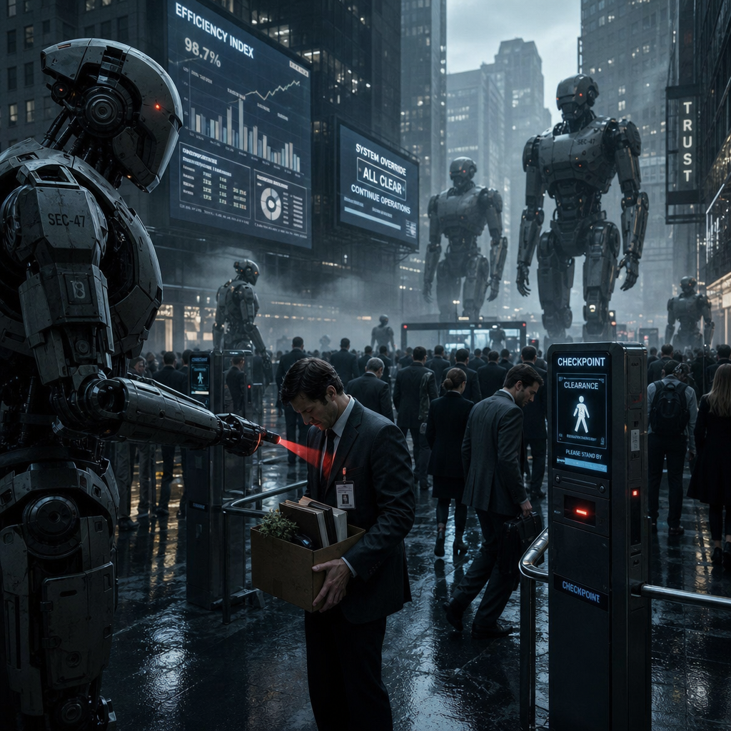 A dramatic, photojournalistic front-page newspaper image of a near-future city square at dawn, crowded with towering autonomous robots in sleek industrial metal finishes as they silently direct streams of tired office workers through glowing checkpoints. In the foreground, a human worker in a wrinkled suit clutches a cardboard box of personal belongings, head slightly bowed, while a robotic arm scans their badge with a cold red beam. Massive digital billboards overhead display abstract efficiency charts, surveillance icons, and automated system alerts, casting stark blue-white light across the scene. The composition should feel tense and symbolic, with humans visually diminished by the scale and order of the machines, subtle fog in the air, reflective pavement, cinematic contrast, ultra-detailed realism, powerful editorial photography style.