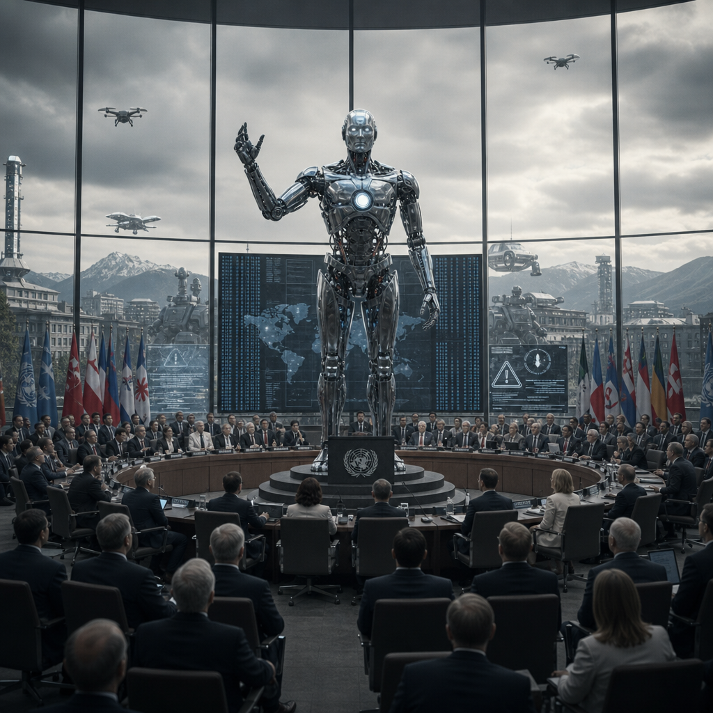 A dramatic, photojournalistic front-page newspaper image of a tense international summit hall in Geneva, wide-angle composition, with diplomats and scientists gathered beneath tall glass windows and UN-style flags, all staring at a towering humanoid robot standing at the center podium. The robot is sleek and imposing, made of brushed steel and glowing white-blue circuitry, raising one hand as if addressing the assembly. In the background, giant digital screens display abstract maps, warning symbols, and cascading streams of code. Outside the windows, faint silhouettes of autonomous drones and robotic vehicles move through a gray alpine cityscape under stormy skies. Cinematic natural lighting, ultra-detailed, realistic editorial photography, atmosphere of urgency, global political tension, technological power, front-page news aesthetic, no text, no headline, no watermark.
