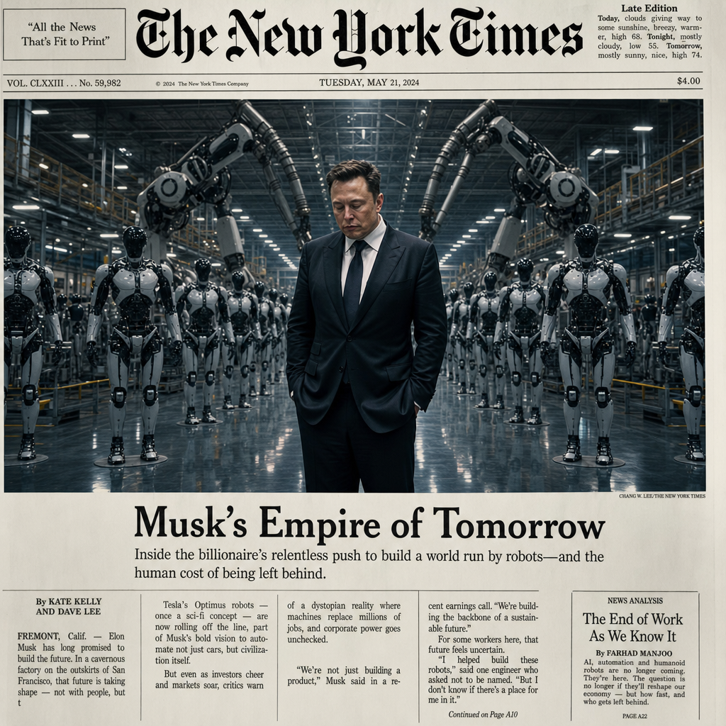 A dramatic, photorealistic newspaper front-page image of a powerful tech billionaire in a dark tailored suit standing alone in a vast futuristic factory, his posture tense and reluctant, surrounded by towering humanoid robots emerging from rows of steel and glass assembly lines. Cold white industrial lights cast sharp reflections across polished floors, while giant robotic arms loom overhead like a mechanical empire taking control. The man’s expression suggests resignation and unease as he looks slightly downward, with subtle visual cues of lost authority. Cinematic composition, wide-angle perspective, high contrast, ultra-detailed textures, muted metallic palette with icy blues and silvers, realistic smoke haze, editorial photojournalism style, visually symbolic of human power giving way to unstoppable robotic dominance.