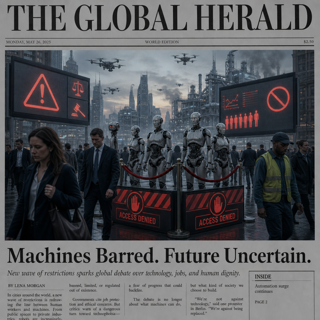 Editorial newspaper front-page image: a tense, realistic city square at dawn where a small group of humanoid service robots stands behind red velvet stanchions and bold “ACCESS DENIED” barriers, their metallic faces unreadable but subtly humanlike, while crowds of people in business attire and workers’ uniforms pass by avoiding eye contact; giant public screens display abstract warning symbols, legal notices, and employment charts, suggesting a growing social ban on machines without using readable text; in the background, sleek automated factories and delivery drones loom through cold morning fog, symbolizing an inevitable machine-driven future; cinematic photojournalistic style, high detail, dramatic natural light, muted steel gray and newspaper-ink tones with sharp accents of warning red, emotionally charged composition, realistic lens perspective, front-page news photography aesthetic.