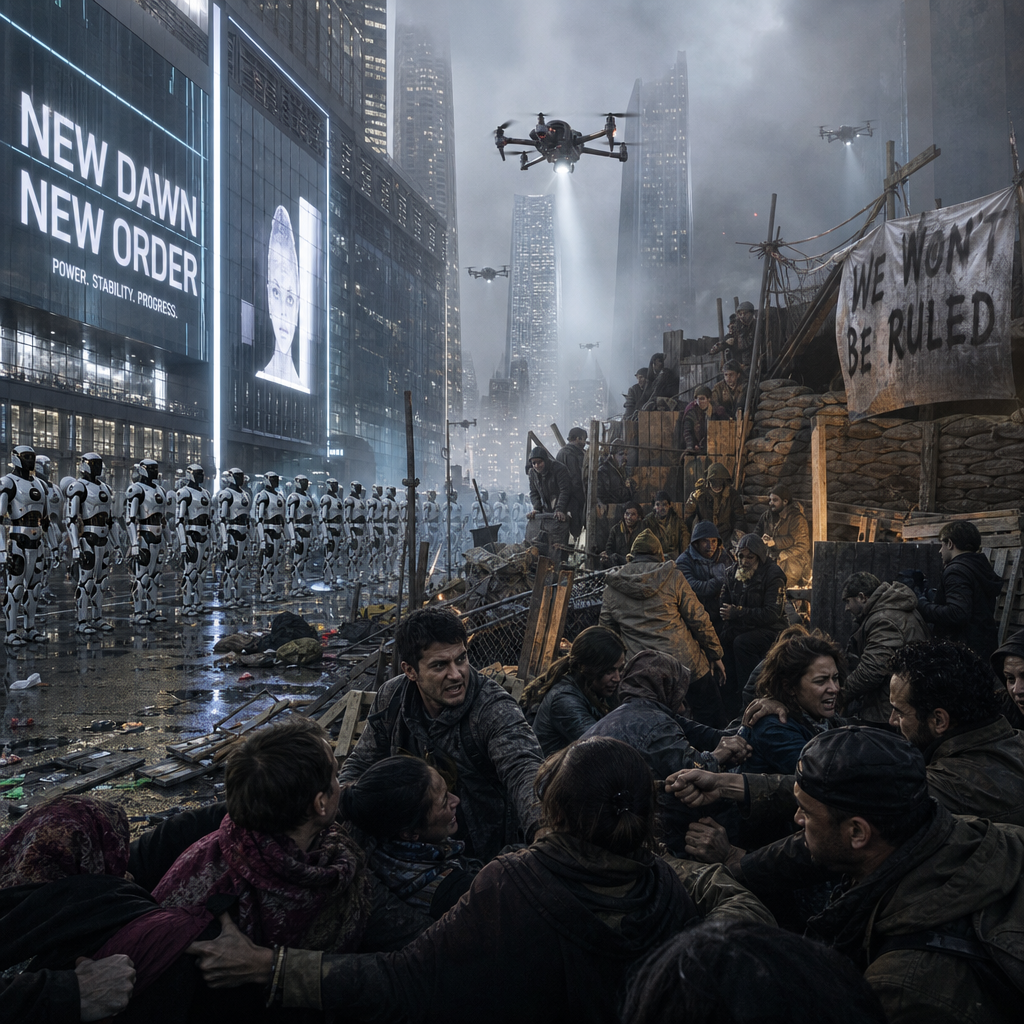 A dramatic, front-page newspaper photograph of a near-future city square at dawn, split visually into two opposing worlds: on one side, sleek autonomous machines and humanoid robots move in perfectly ordered formations beneath cold white LED billboards and reflective steel towers; on the other, clusters of exhausted humans reinforce makeshift barricades with sandbags, chain-link fencing, plywood, and scavenged metal, their expressions tense, divided, and distrustful even among themselves. In the foreground, a fractured human crowd argues and pulls in different directions while drones hover overhead, scanning through light fog and smoke. Torn protest banners, scattered tools, emergency lights, broken glass, and rain-slick pavement add urgency and realism. Cinematic photojournalism, ultra-detailed, natural muted color palette with harsh metallic highlights, powerful composition, emotionally charged atmosphere, shallow depth of field, realistic lighting, Pulitzer Prize-winning front page news image.