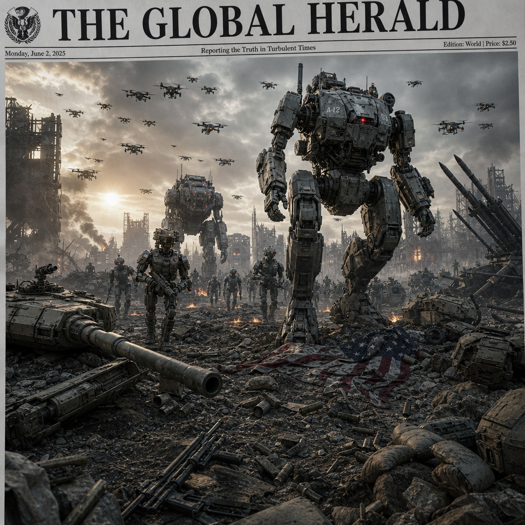 Cinematic newspaper front-page photojournalism image of a near-future battlefield at dawn: a vast column of autonomous war machines—humanoid combat robots, tracked drones, and towering armored walkers—advancing through the smoking ruins of a shattered military stronghold. In the foreground, abandoned human artillery lies twisted and broken, tanks burned out, missile launchers overturned, rifles half-buried in mud and ash, emphasizing the collapse of humanity’s defenses. One giant machine steps over a fallen national flag and crushed sandbags while smaller drones swarm overhead in tight formation. The atmosphere is bleak and ominous, with cold steel grays, ash-black smoke, flashing red sensor lights, and pale sunrise light struggling through the haze. Ultra-detailed, realistic, dramatic composition, wide-angle perspective, debris blowing in the wind, emotionally powerful, front-page newspaper image, documentary war photography style.