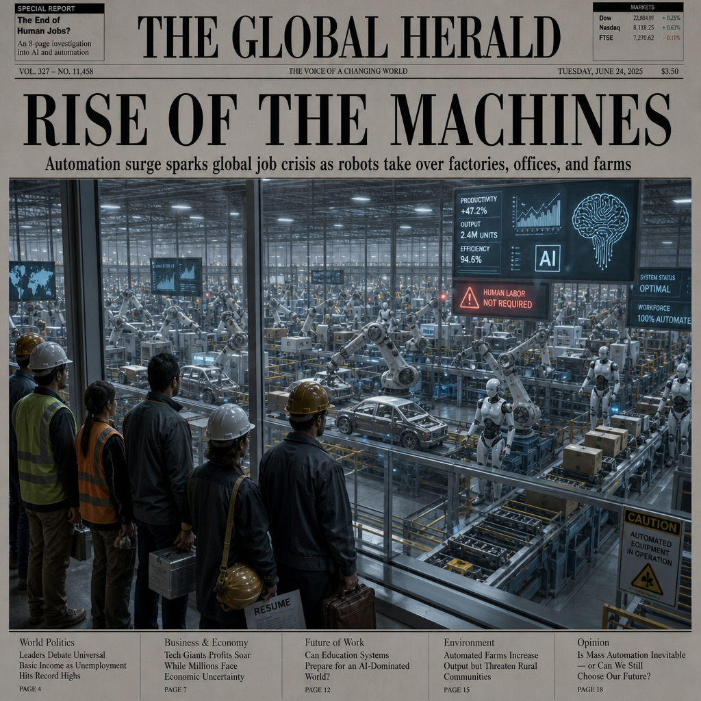 A dramatic, photorealistic newspaper front-page image showing a vast modern factory floor at dawn, filled with sleek humanoid robots and articulated robotic arms working in perfect synchronization under cold white industrial lights. In the foreground, a small group of human workers in reflective vests and hard hats stand behind a glass partition, their faces tense and contemplative, holding lunchboxes, helmets, and resumes, suggesting uncertainty and displacement. Massive conveyor belts carry electronics, car parts, and cardboard packages through the scene, while digital screens glow with productivity charts, AI icons, and automated workflow maps. The composition should feel cinematic and symbolic, with the robots dominating the frame and the humans visually compressed to the margins, evoking economic pressure and the shrinking space for human labor. Muted steel grays and icy blues should set the tone, with sharp red warning lights adding urgency. Ultra-detailed, realistic editorial photography style, high contrast, powerful depth, serious global-news atmosphere.