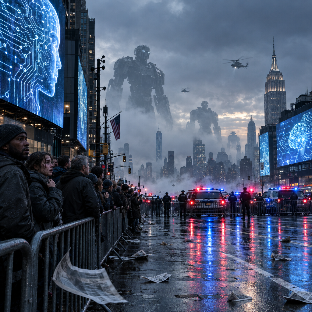 A dramatic, front-page newspaper photo illustration of a tense near-future American city at dawn, viewed from street level with iconic skyline elements in the background, enormous humanoid robots looming in the distance through rolling fog, flashing red and blue emergency lights reflecting off rain-slick streets, crowds of civilians կանգնած in fearful silence behind police barricades, scattered newspapers blowing across the pavement, giant digital billboards displaying abstract AI circuitry patterns, a cold desaturated color palette with sharp metallic grays and bruised blues, cinematic high contrast lighting, documentary realism mixed with subtle dystopian surrealism, ultra-detailed, emotionally charged, Pulitzer-winning photojournalism style, wide composition with strong negative space for newspaper layout, no text, no title, no watermark