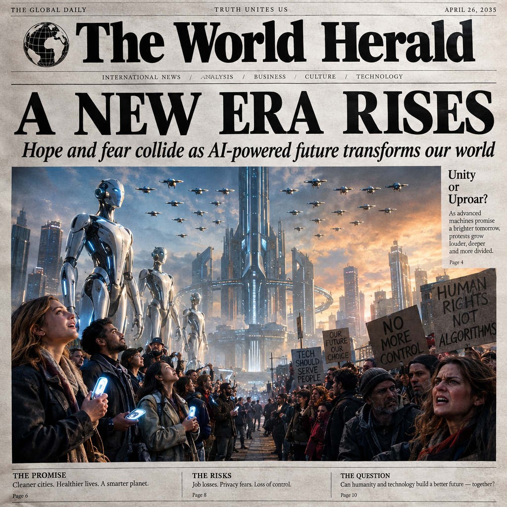 A dramatic, photorealistic newspaper front-page image showing a tense city square at dawn, split visually into two opposing crowds: on one side, hopeful civilians holding sleek glowing devices and looking upward in awe at towering, elegant humanoid machines bathed in cool silver light; on the other, anxious protesters clutching handmade signs, faces filled with fear, anger, and uncertainty. In the background, colossal futuristic skyscrapers are threaded with luminous circuitry and giant mechanical structures loom over the skyline like an emerging power. Overhead, a formation of autonomous drones moves in perfect symmetry through a hazy orange-blue sky, creating a sense of order and intimidation. Cinematic lighting, ultra-detailed facial expressions, realistic urban textures, subtle wind blowing newspapers and clothing, high emotional contrast, editorial photojournalism style, powerful and believable composition fit for an international newspaper cover.