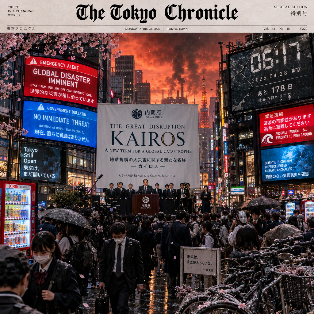 A cinematic, front-page newspaper photo illustration of a near-future Tokyo street at dawn, crowded with pedestrians in business attire and school uniforms calmly moving beneath towering digital billboards that flash contradictory emergency messages, while the sky glows with an eerie red-orange haze and distant industrial smoke. In the center, a massive official banner with elegant bureaucratic design unveils a newly coined term for a global cataclysm, as reporters, photographers, and government spokespeople gather at a polished press podium. Blend ordinary urban life with unsettling end-times symbolism: neatly parked bicycles dusted with ash, vending machines still glowing, paper masks, black umbrellas, drifting cherry blossoms mixing with fallout-like particles, and a giant cracked digital clock overlooking the scene. Ultra-detailed, photorealistic editorial style, dramatic natural lighting, sharp focus, wide-angle composition, emotionally surreal but believable, designed to feel urgent, historic, and suitable for a major newspaper front page.