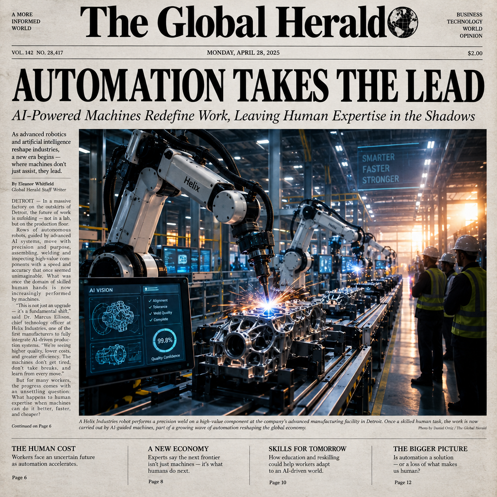 A dramatic, photorealistic newspaper front-page image showing a vast advanced factory floor at dawn, with sleek autonomous robotic arms and AI-guided machines dominating the foreground while a few human workers stand off to the side in reflective vests and hard hats, partially shadowed and observing silently. Convey the idea of human expertise being absorbed by automation: one robot delicately performing a craft-like precision task once associated with skilled labor, such as welding intricate metalwork or assembling a high-end mechanical component. Include cinematic industrial lighting, sparks, steel textures, glowing interface screens, conveyor lines stretching into the distance, and a tense, historic mood. Composition should feel editorial and symbolic, with strong depth, realism, and visual clarity suitable for a major newspaper front page.