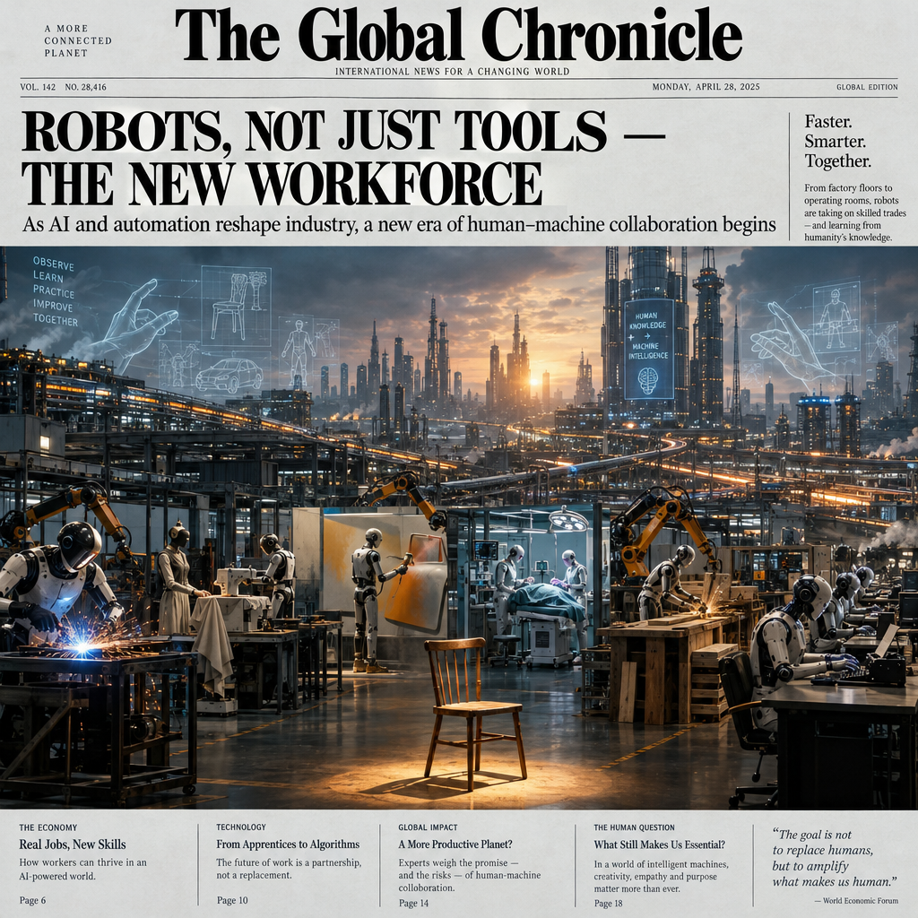 A dramatic, photorealistic newspaper front-page image showing a vast futuristic factory floor at dawn, where humanoid robots and articulated machine arms precisely perform skilled human trades side by side: welding, tailoring, painting, surgery, carpentry, and typing at mechanical desks. In the foreground, a single empty wooden craft chair sits under a warm spotlight, symbolizing displaced human labor. In the background, an immense industrial skyline stretches outward like an empire, with glowing conveyor belts, towering steel structures, and data-lit control towers fading into haze. Subtle visual echoes of human knowledge transfer appear as translucent blueprint diagrams and ghosted hand gestures projected above the machines. Cinematic composition, high contrast naturalistic lighting, muted steel-gray palette with sharp amber highlights, crisp editorial photojournalism style, symbolic but realistic, designed for a major international newspaper front page.
